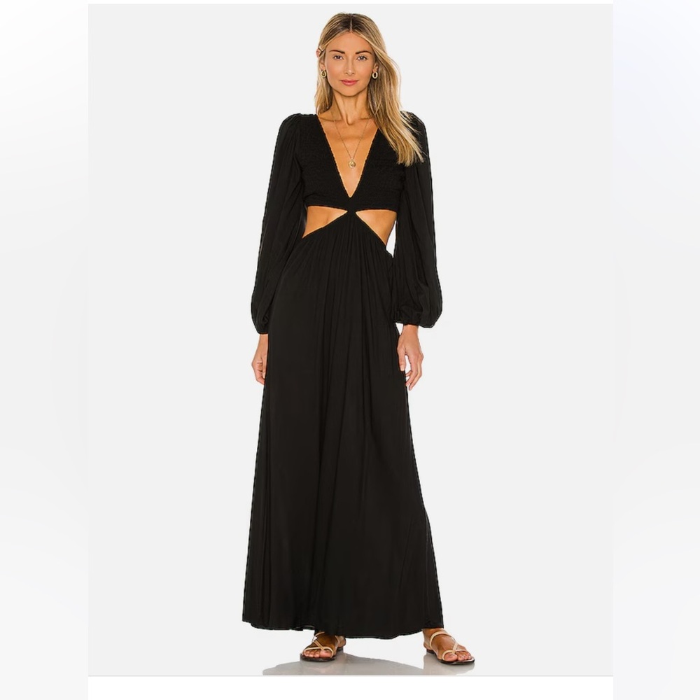 Indah Julie Solid Ruched Bodice Cutaway Maxi Dress in Black XS NWT